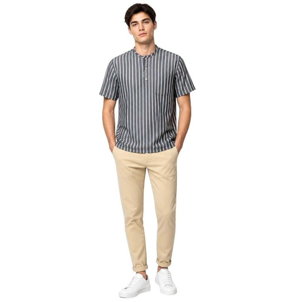 Hugh & Crye Collarless Popover Shirt Indigo Stripe NWT Men's Athletic